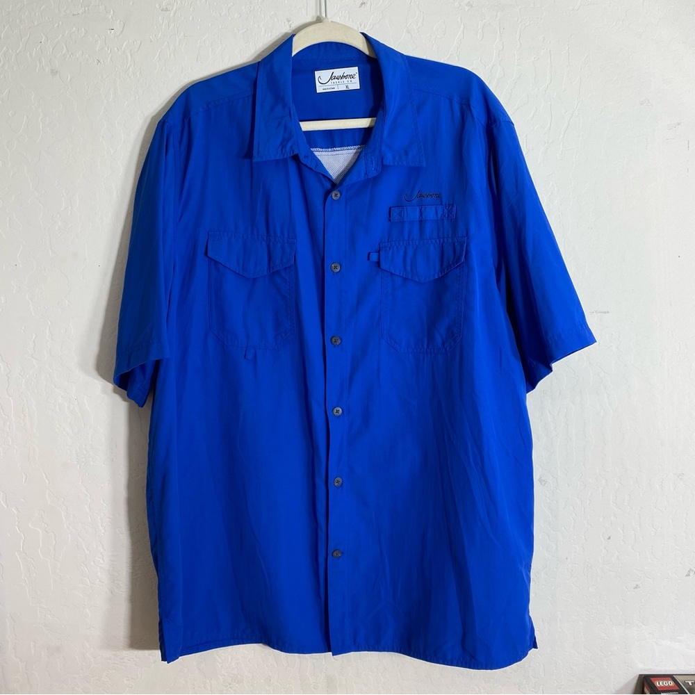 Jawbone Tackle Shirt Mens XL Blue Nylon Vented Button Up Short Sleeve